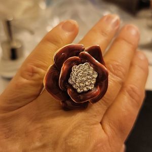 Vintage style Bob Mackey Enamel Ring. Beautiful Rhinestone cluster, rose color.